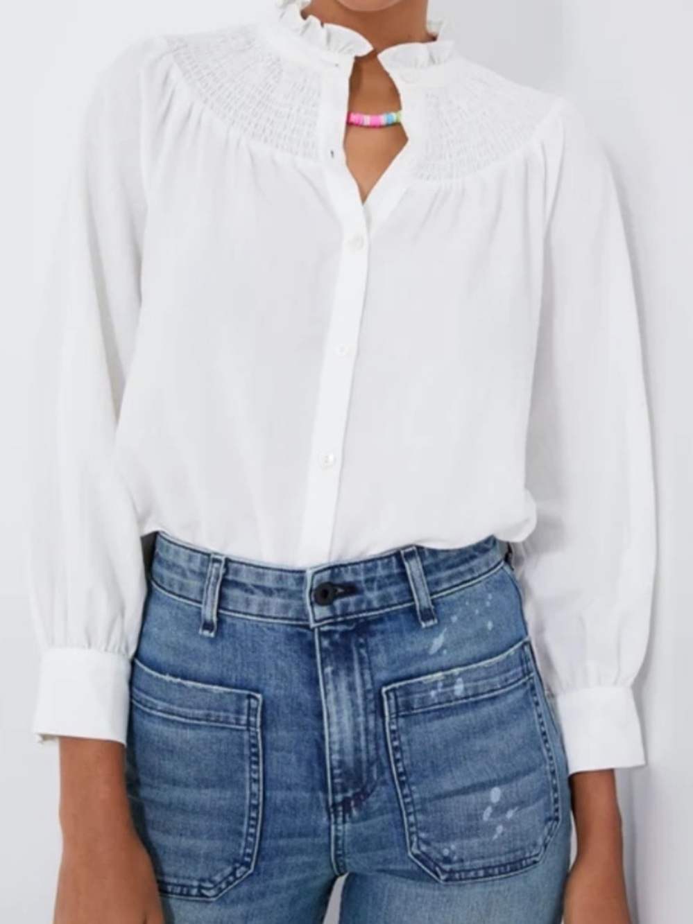 Pomander Place Ruffle Blouse Emory Smocked Button Down Shirt White Size Medium